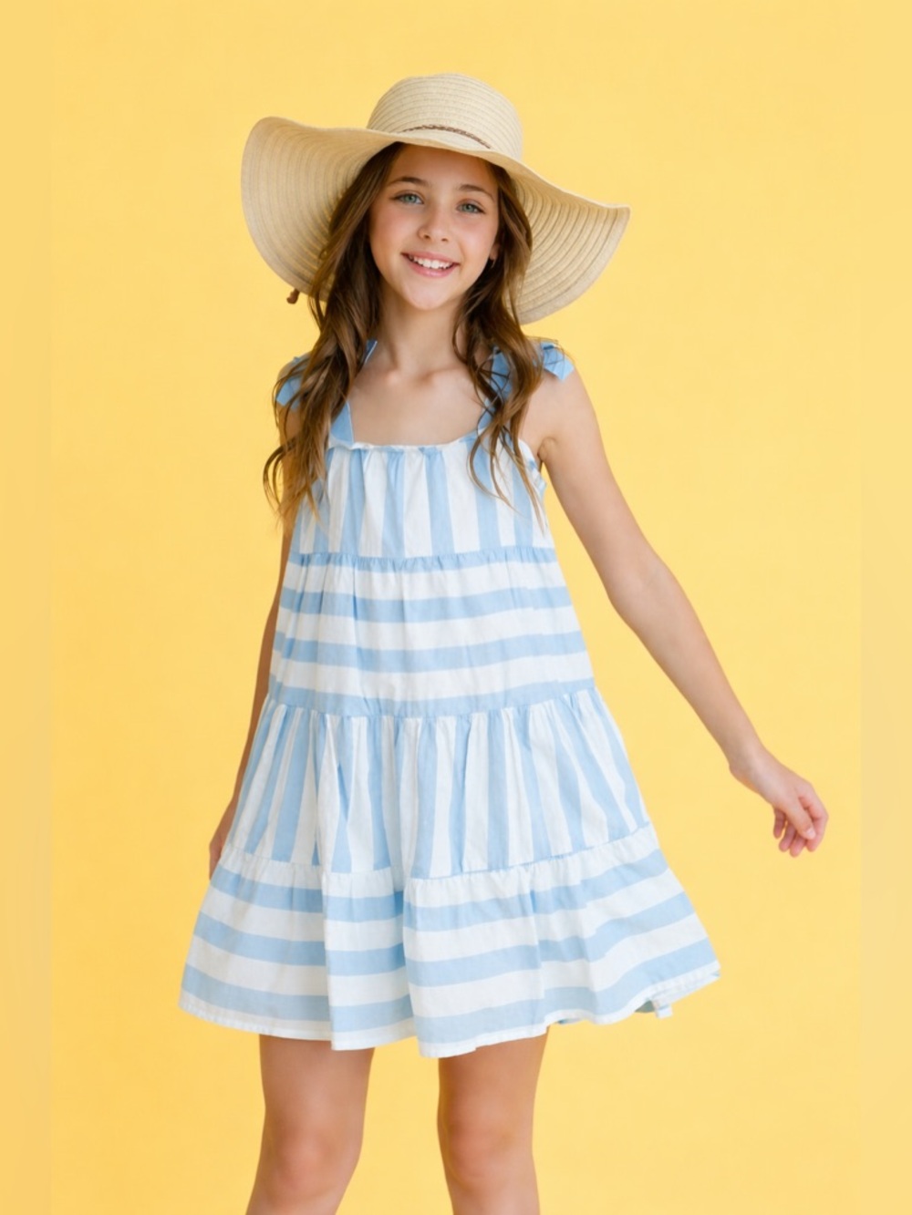 Girls tiered tie strap mini dress blue white striped sleeveless